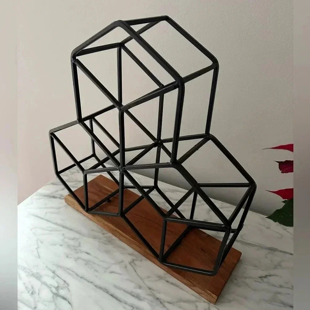 Wooden and metal bottle holder holds 9 bottles geometric shaped NWOT - Picture 4 of 4